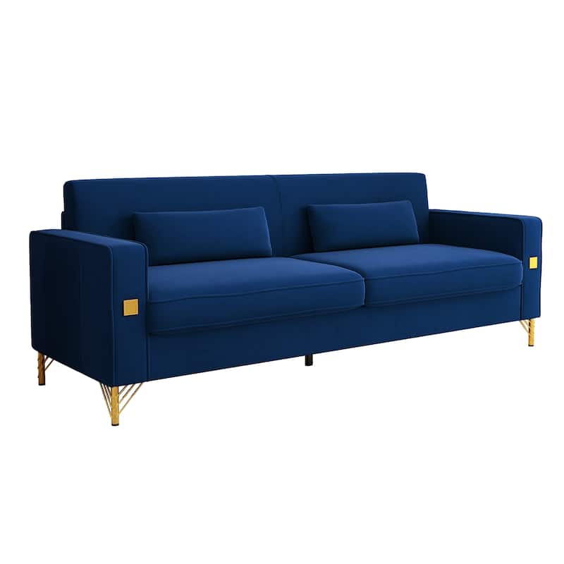 Roomfitters Mid-Century Modern Upholstered Sofa with Gold Metal Legs and Square Arms, Elegant Couch for Living Room