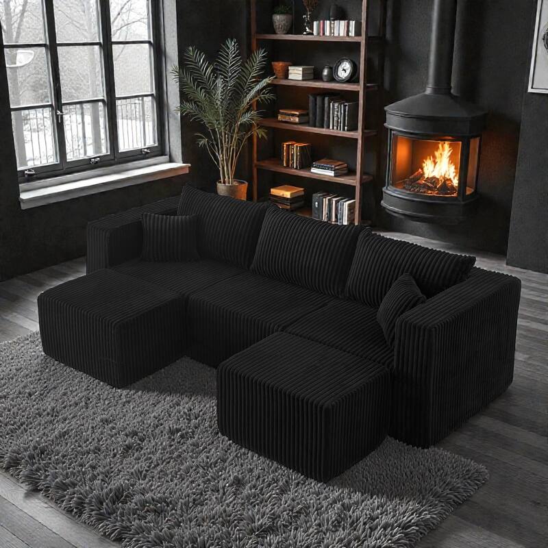 Compact Modular Sectional Sofa, Compressed Corduroy Cloud Couch, No Assembly Space Saving Sofa for Apartment - Black