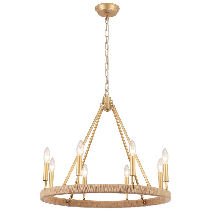 8-Light Rustic Hemp Rope Wagon Wheel Chandelier, Classic Farmhouse Chandelier for Dining Living Room - W23.62"x H20.47"