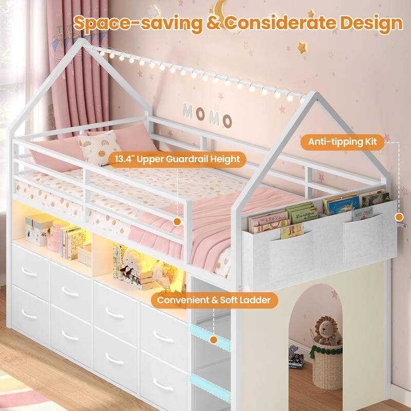 House Low Loft Bed Twin Size Storage Drawers Bookcase LED Lights
