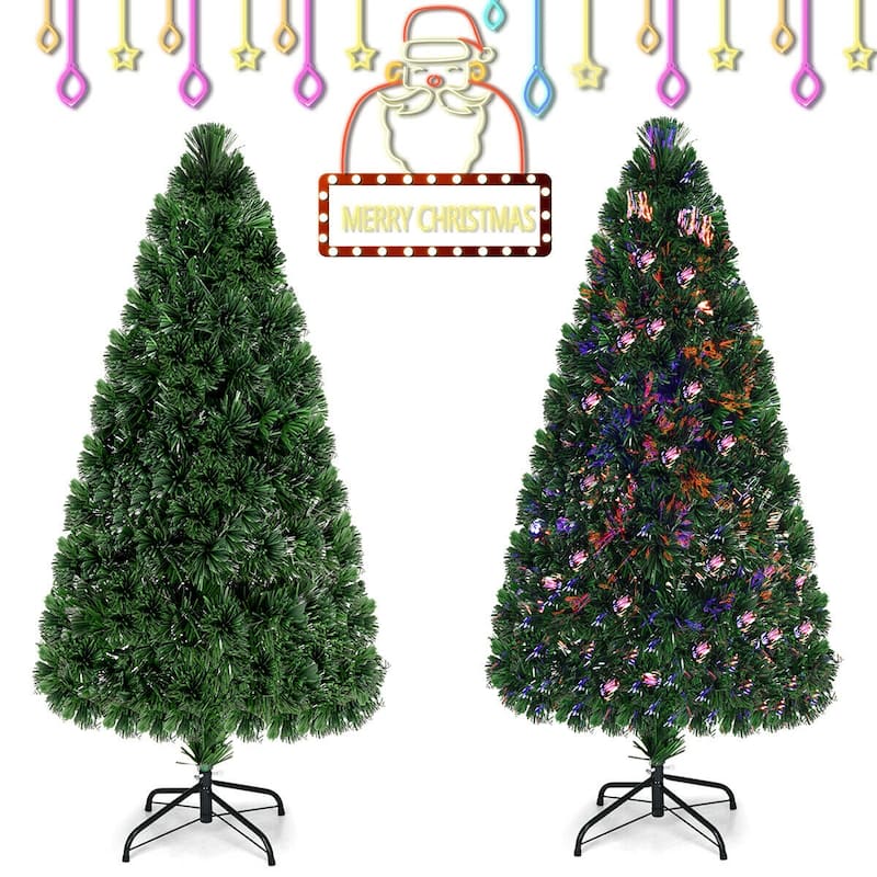 Gymax Pre-Lit Fiber Optic 5' Artificial Christmas Tree PVC Tips Metal