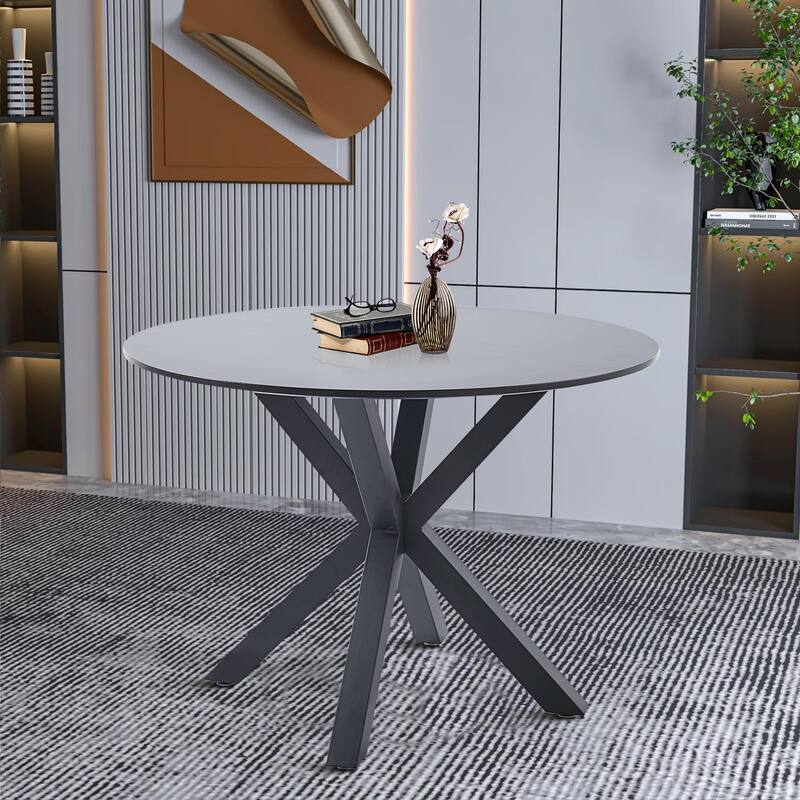 Modern Minimalist Round Dining Table with MDF Top and Metal Legs - Black