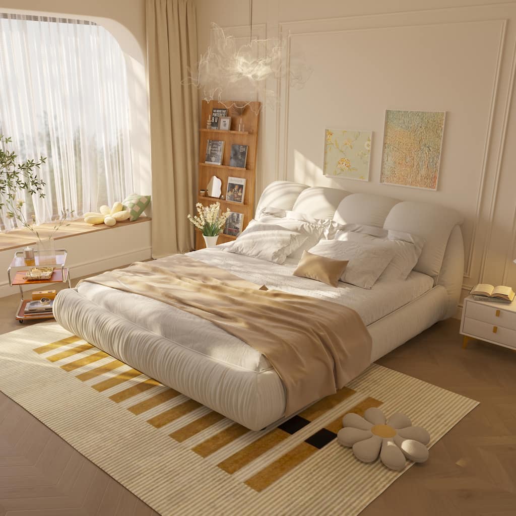 King Size Luxury Upholstered Platform Bed with Oversized Padded Backrest and Solid Wood Frame,suitable for Multiple heights