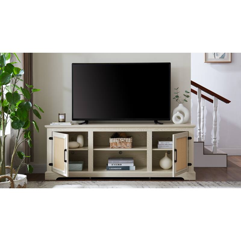 Rattan TV Stand for 70" TVs, 65" Farmhouse Media Console Table with 2 Shelves and Cable Management
