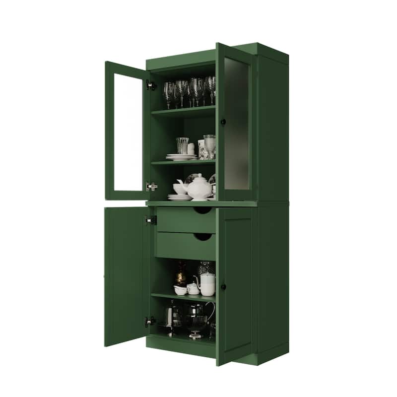 Palace Imports 100% Solid Wood Pantry Cabinet with Frosted Glass Doors, Solid Doors, 2-Drawers and Adjustable Shelves - Green