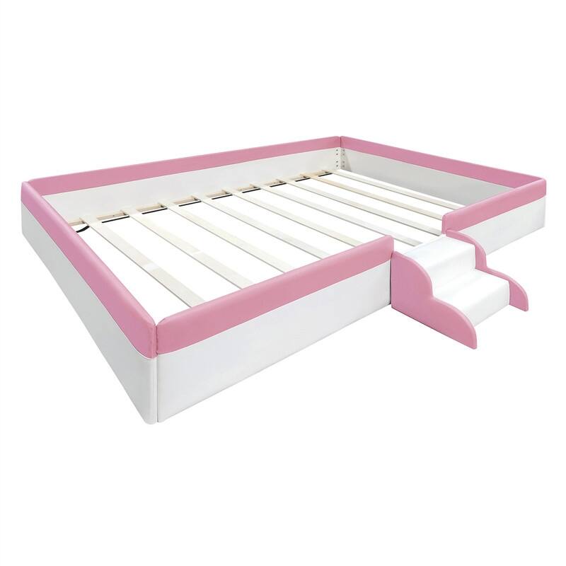 Upholstered Daybed with Fence and Stairs for Kids, Twin/Full/Queen/King Size Floor Montessori Bed with Slats Support