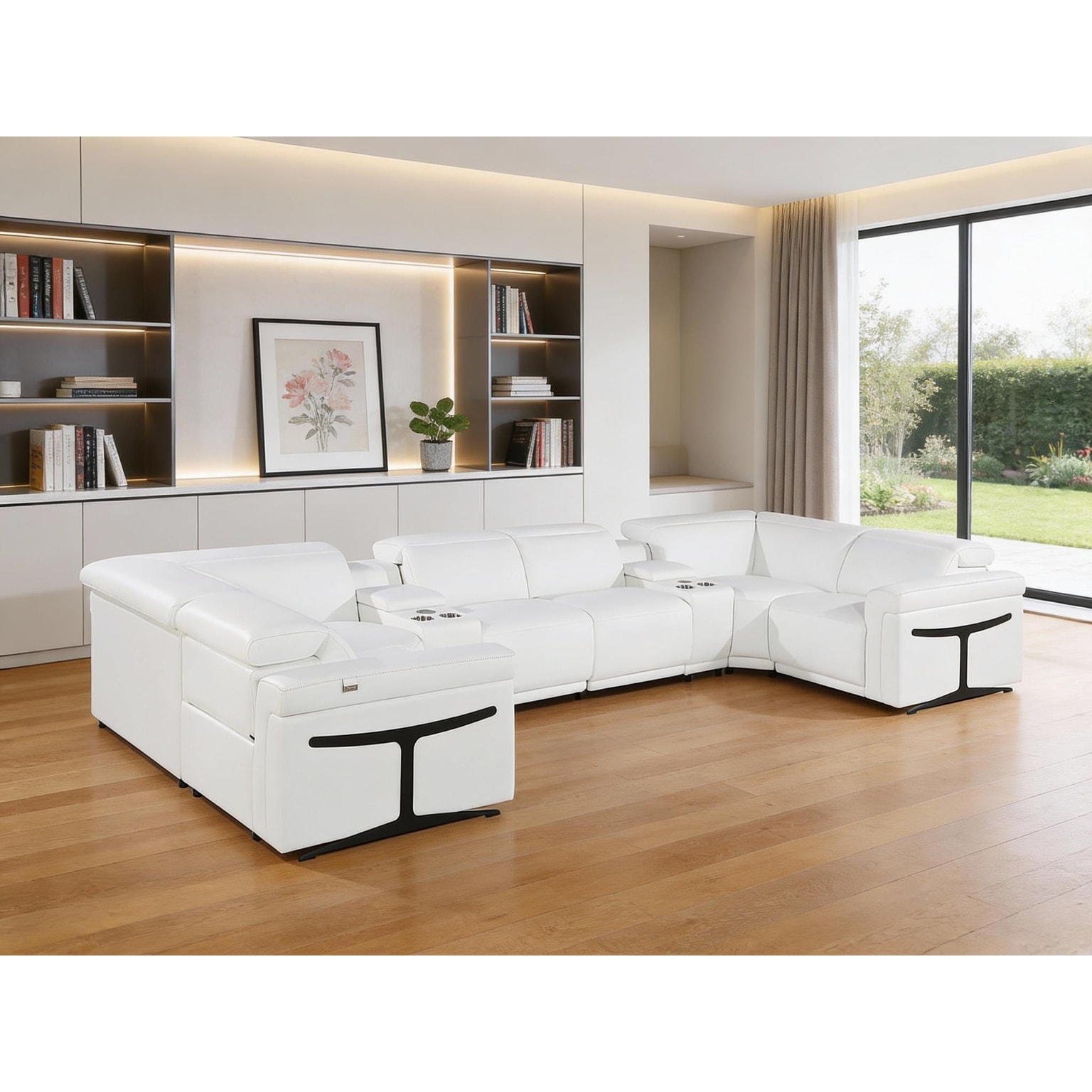 HomeRoots White Italian Leather Power Reclining U Shaped Eight Piece Corner Sectional With Console