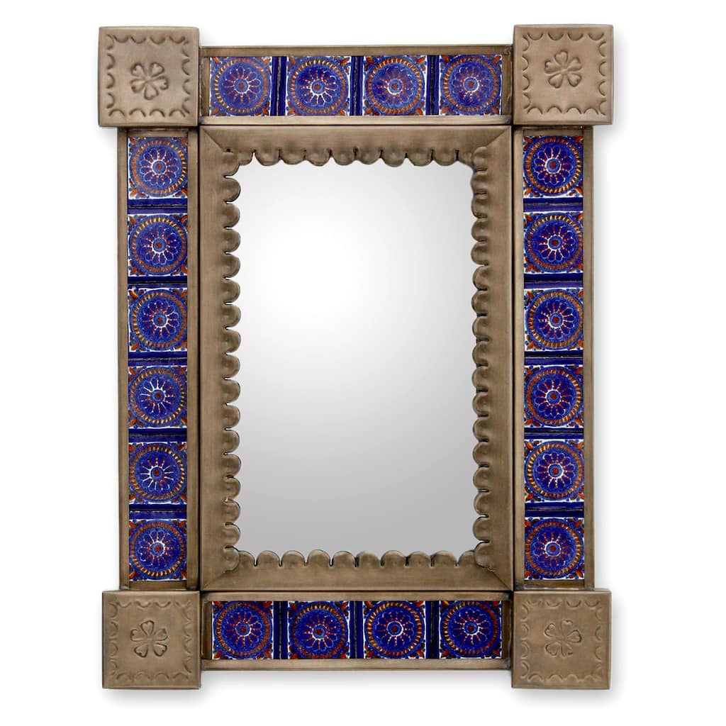 Tin and Ceramic 'Colonial Blue'Small Wall Mirror (Mexico) - Blue