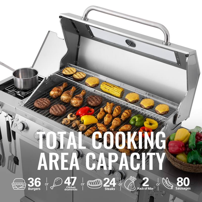 Royal Gourmet, 6-Burner Gas Grill with Side & Infrared Rear Burners - N/A