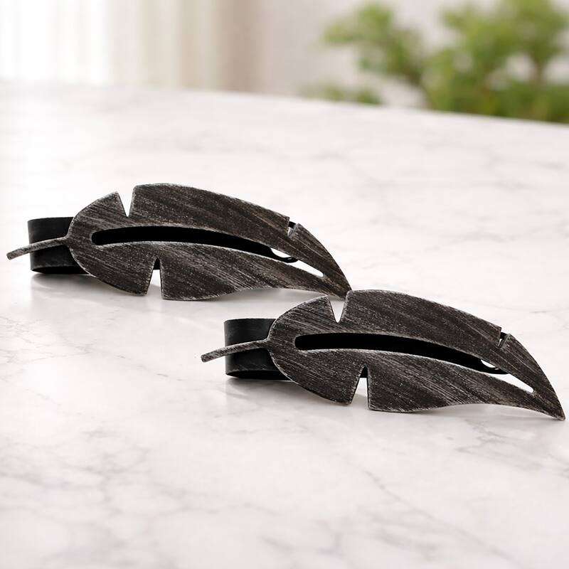 Set of 2 Metal Feather Tieback With Magnet Plume Shiny - 6.8"L x 2"W x 1"D - Black