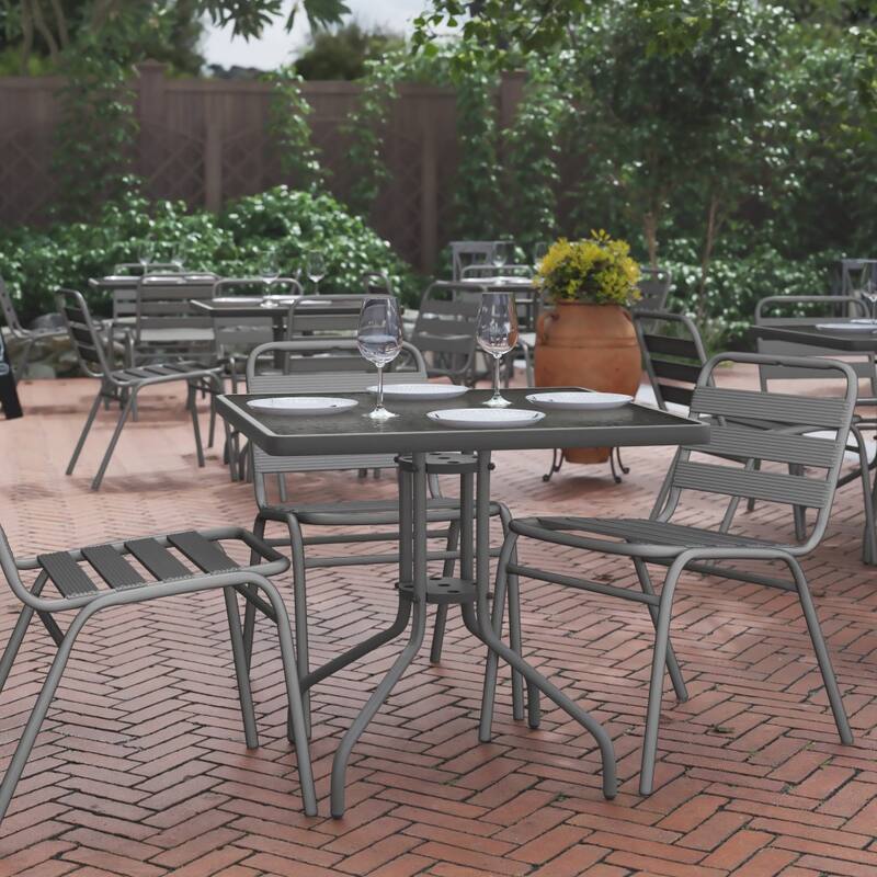 31.5" Square Tempered Glass Metal Table with Smooth Ripple Design Top - Clear/Silver