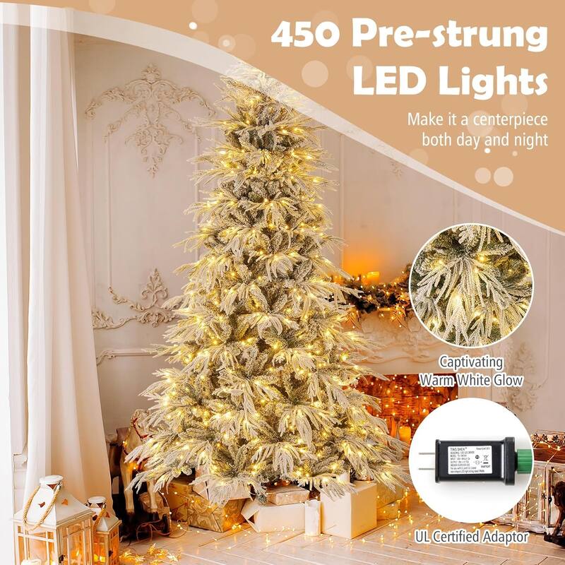 6/7/8 FT Pre-lit Artificial Christmas Tree Snow Flocked Xmas Tree
