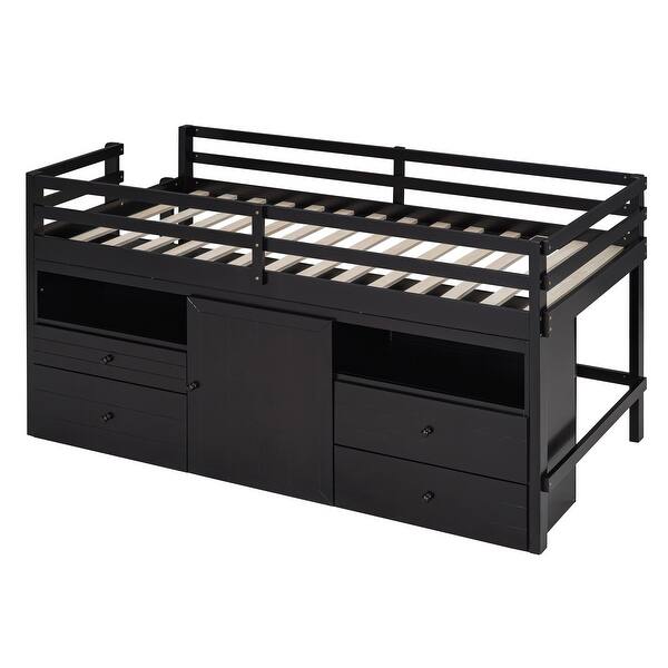slide 2 of 42, Modern Design Twin Size Wood Loft Bed,Underneath Cabinet,Shelves and Drawers Espresso