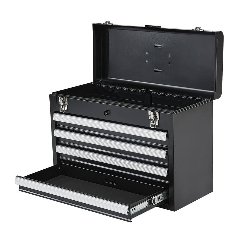 20.5-Inch Black Portable Metal Toolbox with 4 Drawers and Auto-Locking System - 20.5 x 8.6 x 14.2 in