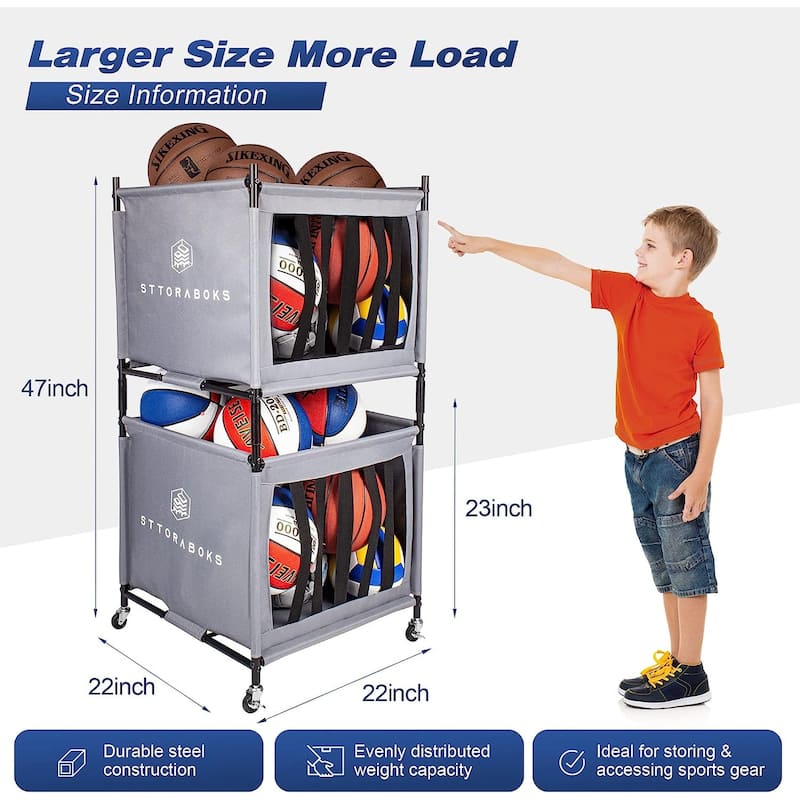 Sttoraboks Sports Ball Storage Cart with Wheels, Lockable Ball Organizer Basket for Garage Storage