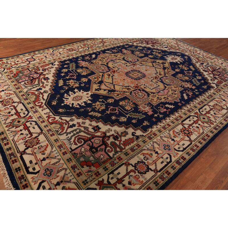 Blue Geometric Heriz Serapi Indian Area Rug Handmade Wool Carpet - 8'9"x 11'11"