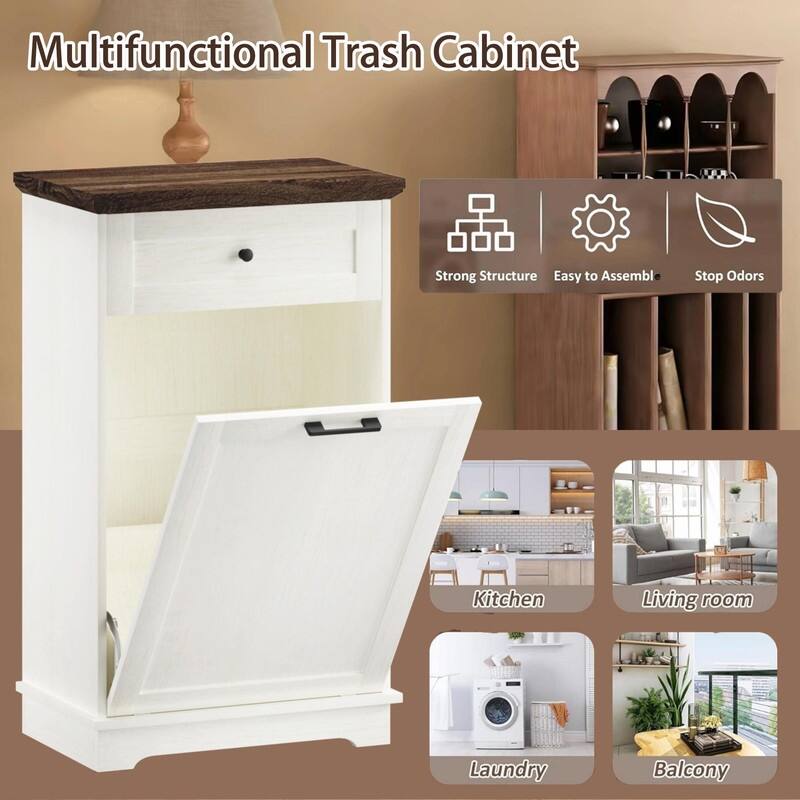 13 Gallon Tilt-Out Trash Can Cabinet, Freestanding Wooden Garbage & Recycling Bin with Hideaway Drawer(Trash Can Not Included)