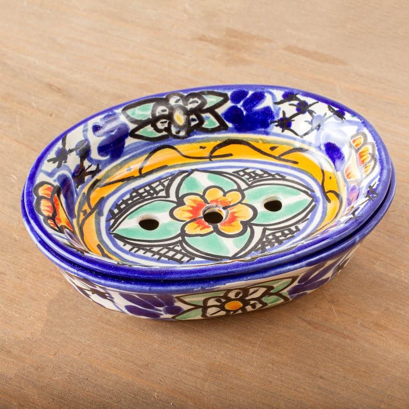 Novica Handmade Cobalt Flowers Ceramic Soap Dish - Multi