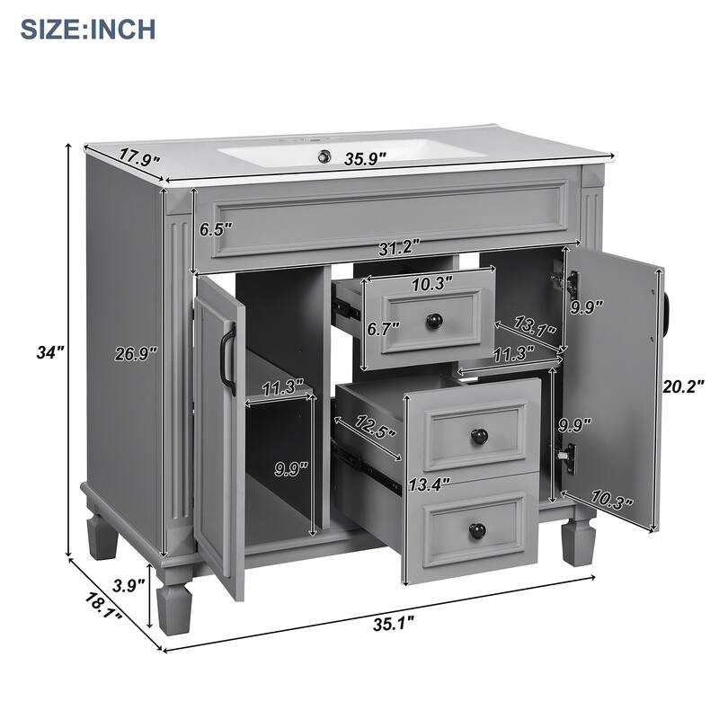 GDFStudio - Carrinford Modern Freestanding Bathroom Vanity with Ceramic Sink and 2 Soft Closing Doors & 2 Drawers