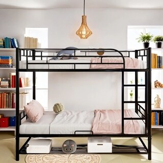 Twin Over Twin Metal Bunk Bed with Shelf and Guardrails, Separate Into 2 Twin Beds