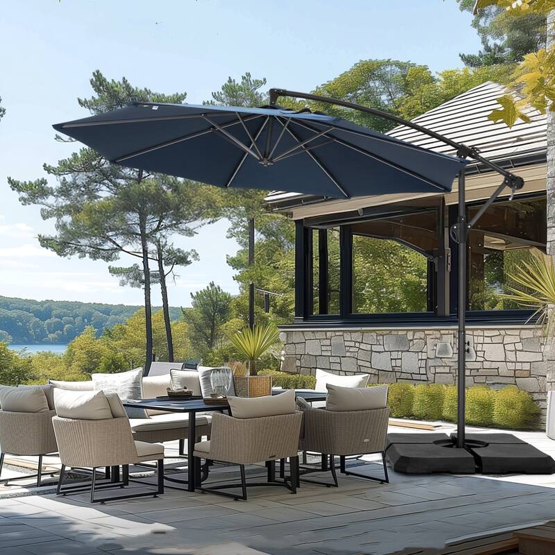 MAISON ARTS 10ft Patio Offset Umbrella Cantilever Umbrellas Market Hanging Umbrella with Crank Handle & Base Include - Blue-With Weights