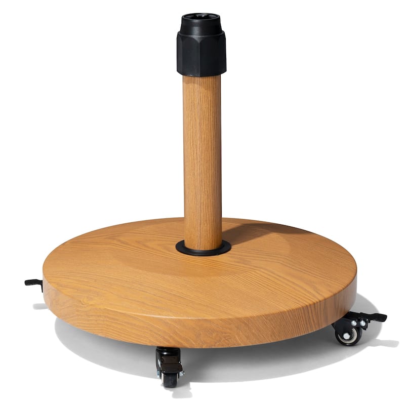 55-lb Patio Market Umbrella Base Stand Cement/Concrete Weights Base Holder w/Wheels - Dia. 18.9" x 18.1" high - Teak