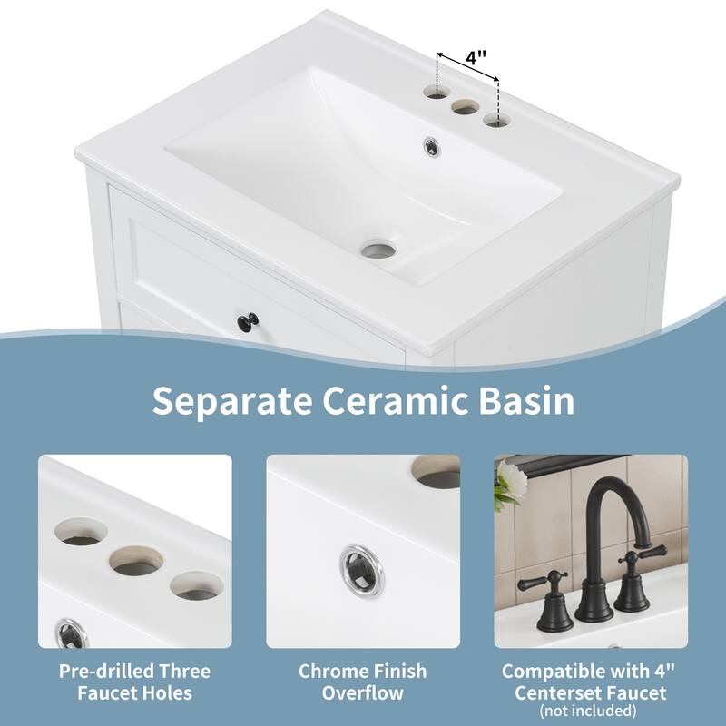 24" Bathroom Vanity With Sink, 3 Drawers & Cabinet With Adjustable Shelves, Modern Design