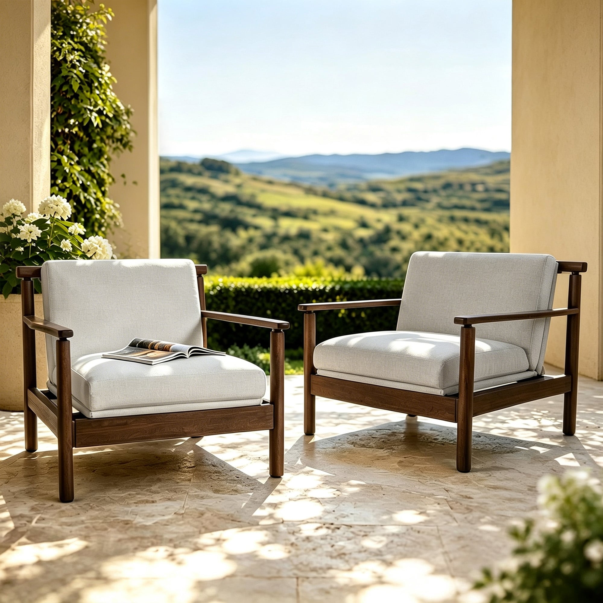 2-Piece Solid Teak Wood Outdoor Lounge Chair Set with Cushions