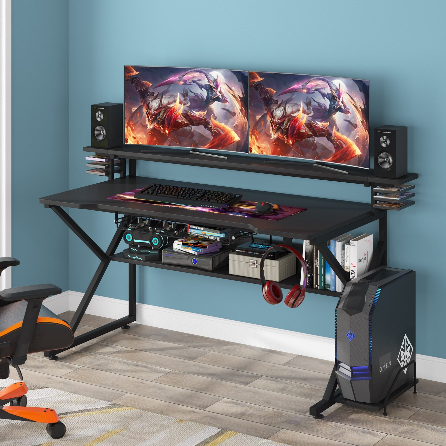 Gaming Computer Desk with Shelf , 55 "PC Desk Office Table Gaming Gamer On Sale - -
