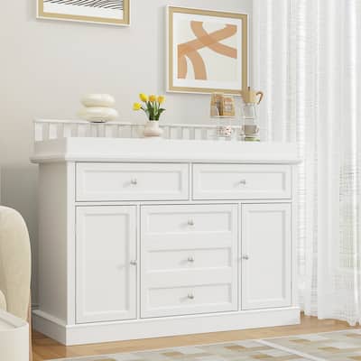 Classic White Baby Changing Table with Storage Cabinets and Drawers