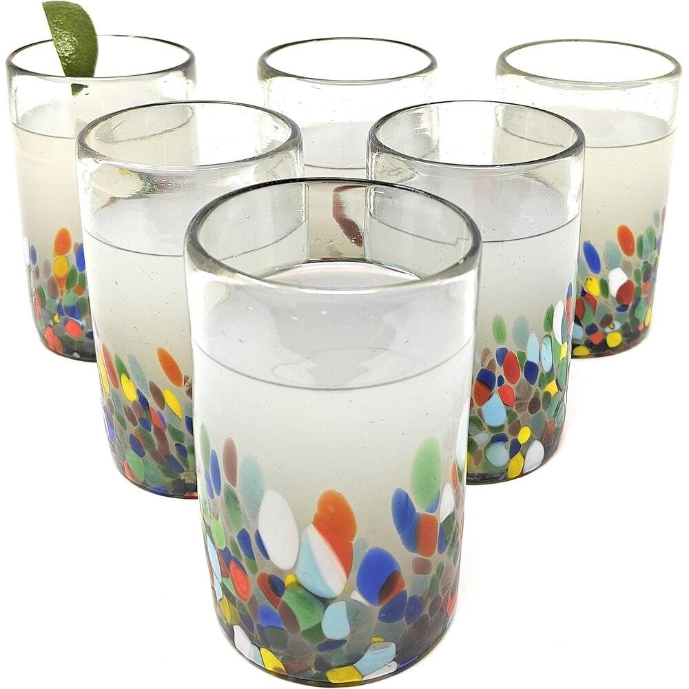Dos Suenos Hand Blown Mexican Drinking Glasses - Set of 6 Confetti Carmen Design Glasses (14 oz each)