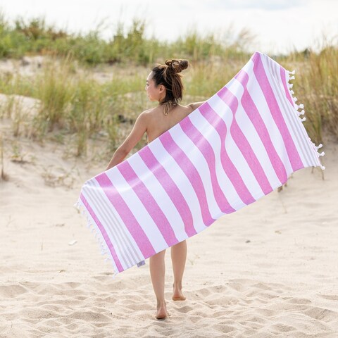 Miranda Haus Bahari Stripe Fouta Beach Towel with Tassels - 35" x 68"