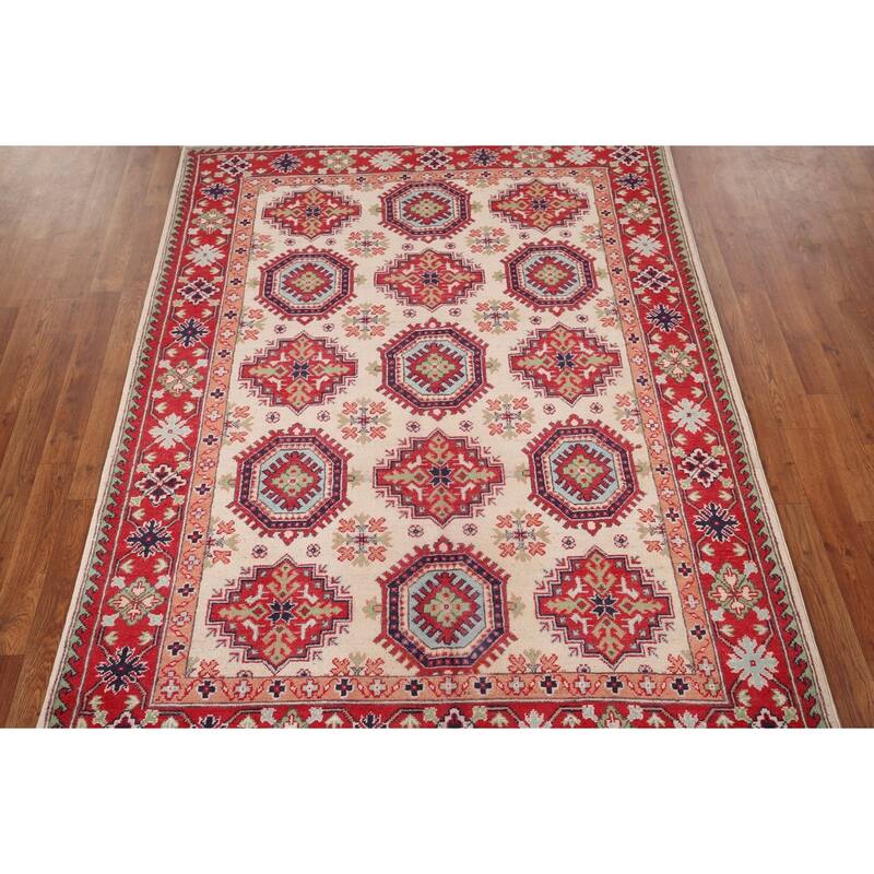 Beige / Ivory Kazak Oriental Area Rug Hand-Knotted Wool Carpet - 4'11" x 6'6"