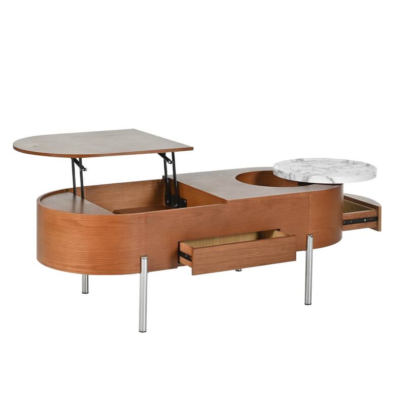 47.2" Lift Top Coffee Table with 360° Rotating Tray - Marble-Patterned Modern Oval Table with Hidden Compartment for Living Room