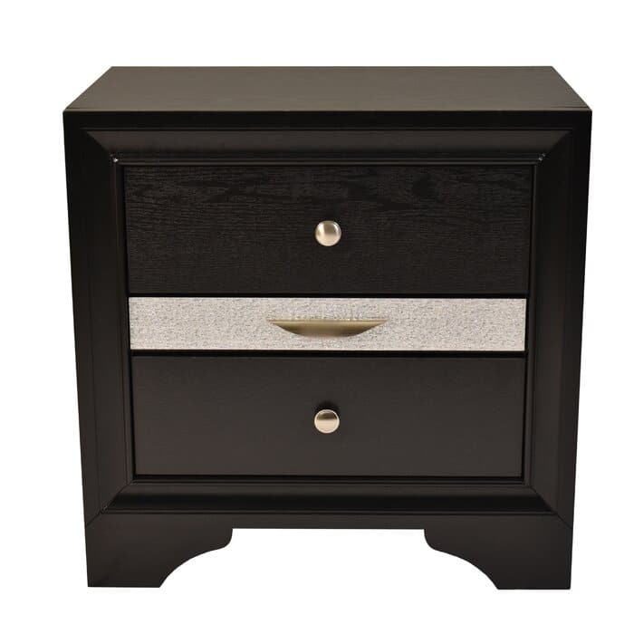 Traditional Black Wood Nightstand with Two Drawers, Acacia Wood, Dovetail Joints