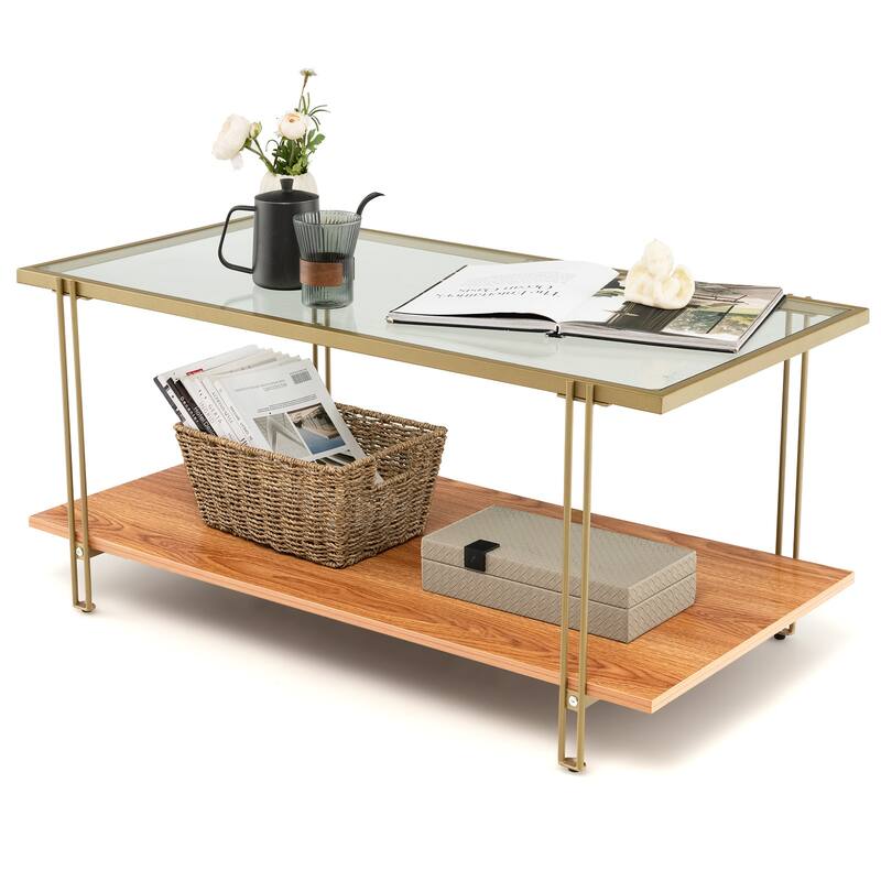 Gold Engineered Wood and Steel Coffee Table with Tempered Glass Top and 2-Tier Storage - 39.5" x 20" x 18" (L x W x H)