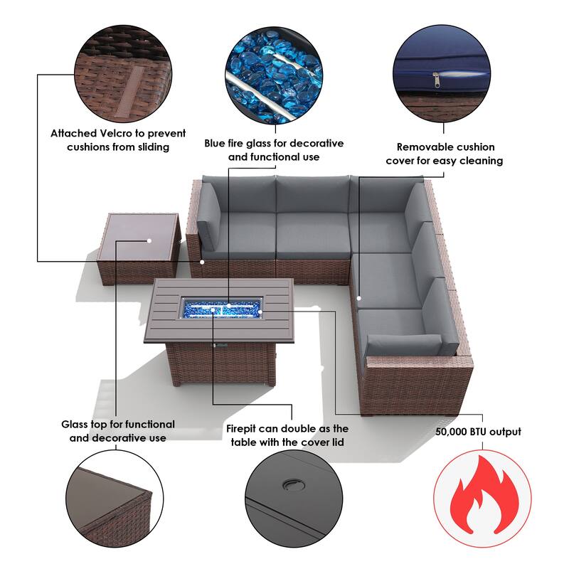 7 Piece Wicker Set Patio Sofa Furniture with Fire Pit And Table