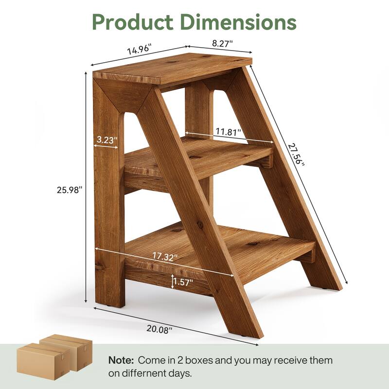 Solid Wood End Table with Storage Shelves, 3-Tier Ladder Shape Side Table