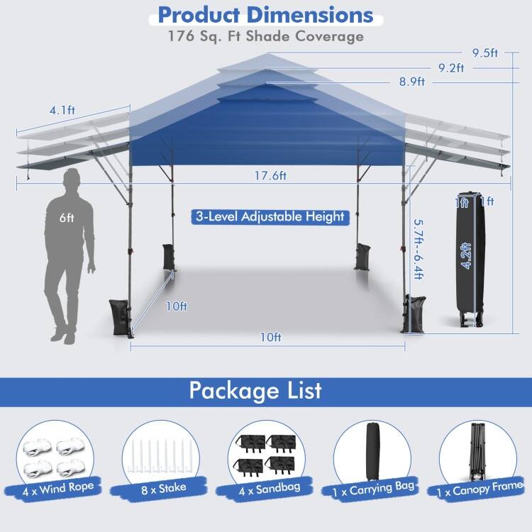 Outdoor Pop Up Canopy Tent with Side Awnings 10x17.6 Ft for Patio or Beach - 10 x 17.6 x 8.9-9.5 ft