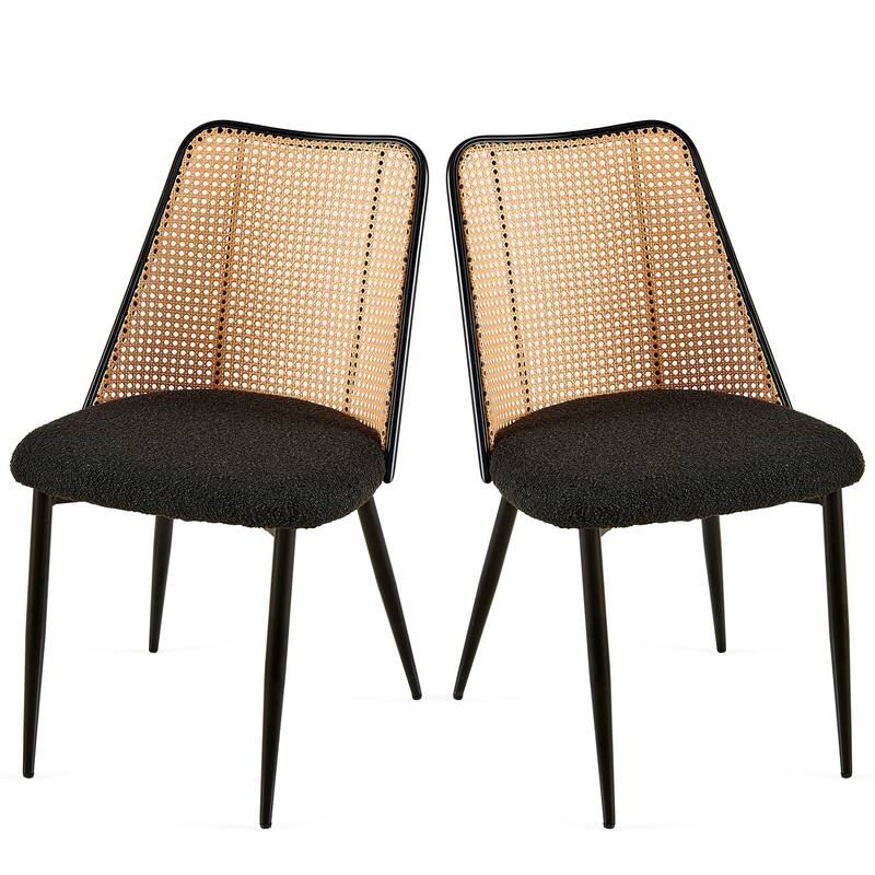 Rattan Dining Chairs Set of 2,Boucle Chairs with Natural Cane Back, Upholstered Dining Room Kitchen Chair