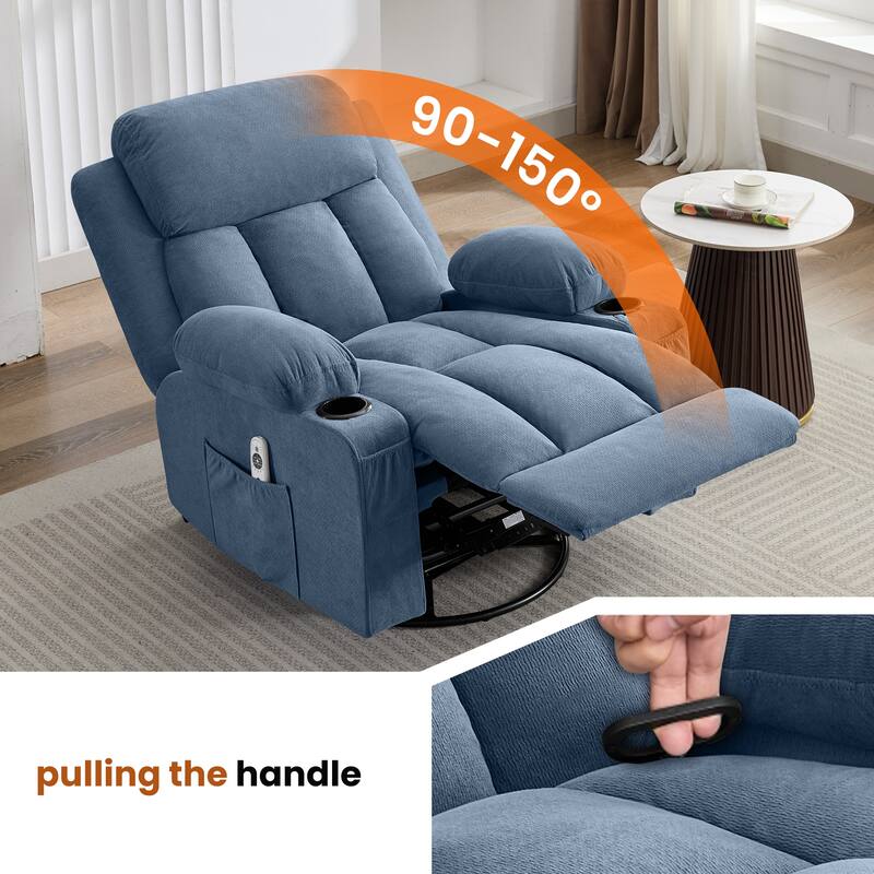 Swivel Rocker Recliner with Vibration Massage Heat USB Port Cup Holders