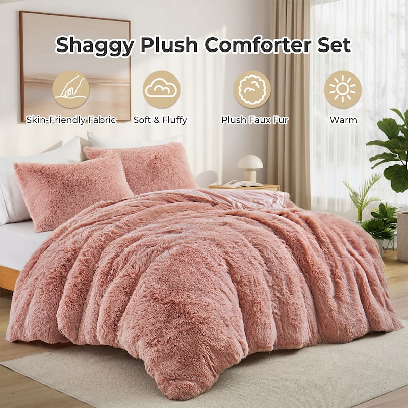 Fluffy Shaggy Reversible Faux Fur Comforter Set, Fuzzy Plush Bedding Set