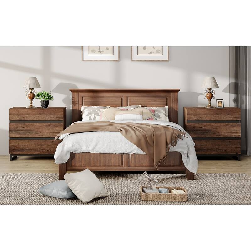 WAMPAT Nightstand with 3 Drawers for Bedroom, Modern Bedside Table with Black Square Iron Leg, Wood Rustic Side Table