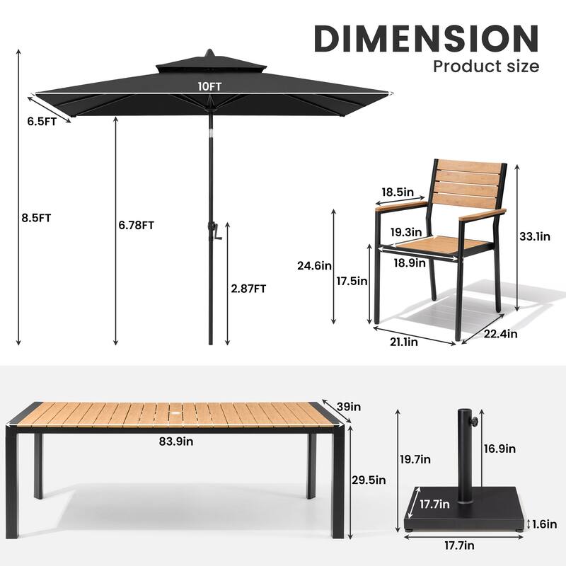 9/11-Piece Outdoor Patio Dining Set Aluminum Dining Table and Stackable Chairs w/10 ft Market Umbrella and Base