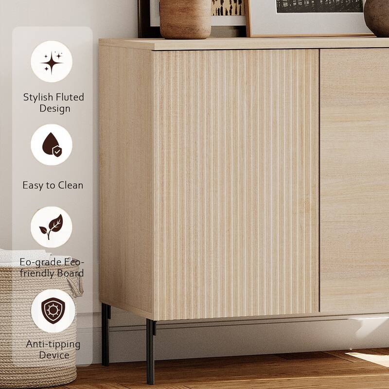94.5" Modern Reeded 4-Door Sideboard With Charging, 4-In-1 Wooden Credenza Storage Cabinet