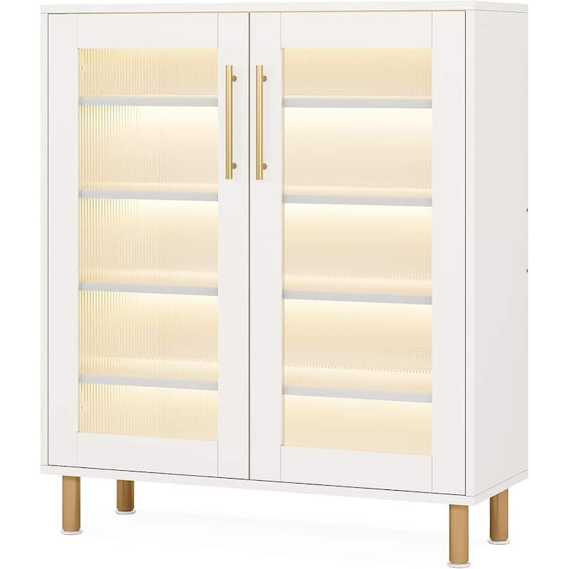 White LED Shoe Cabinet with Acrylic Doors Remote Control Lighting and 5 Tier Storage for 16 to 22 Pairs