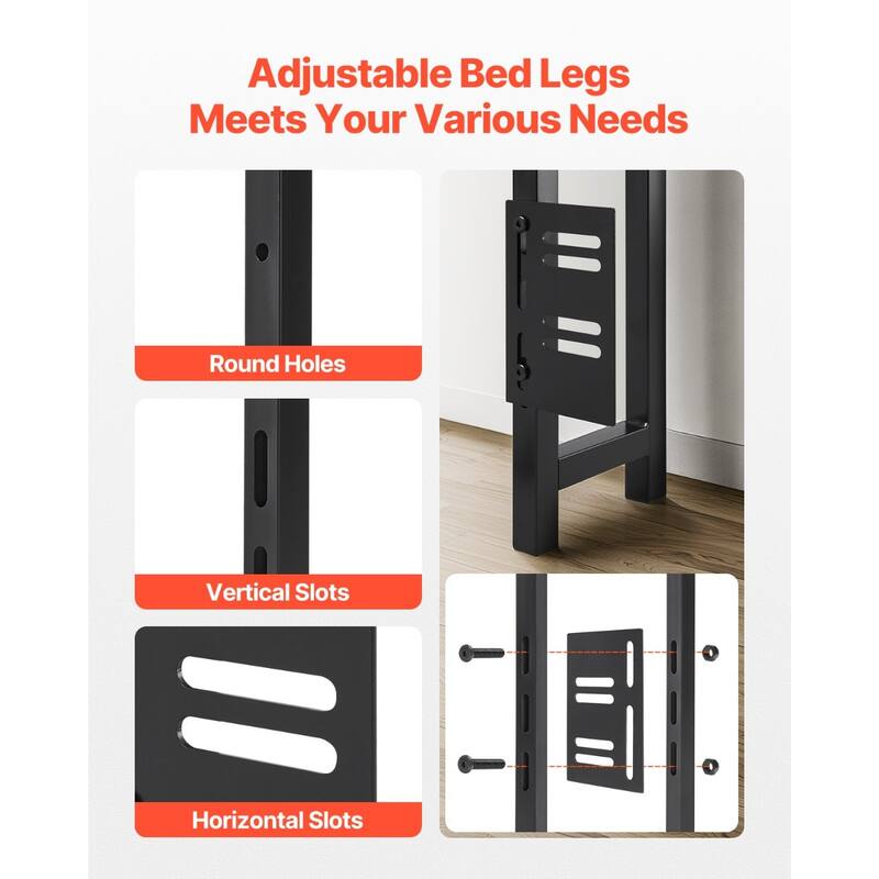 Black Carbon Steel Frame Headboard with LED Lights, Power Strips and Storage