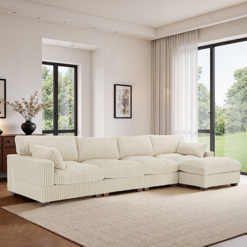 Plush Flannel Modular Sectional Sofa for Living Room - White-5-Piece