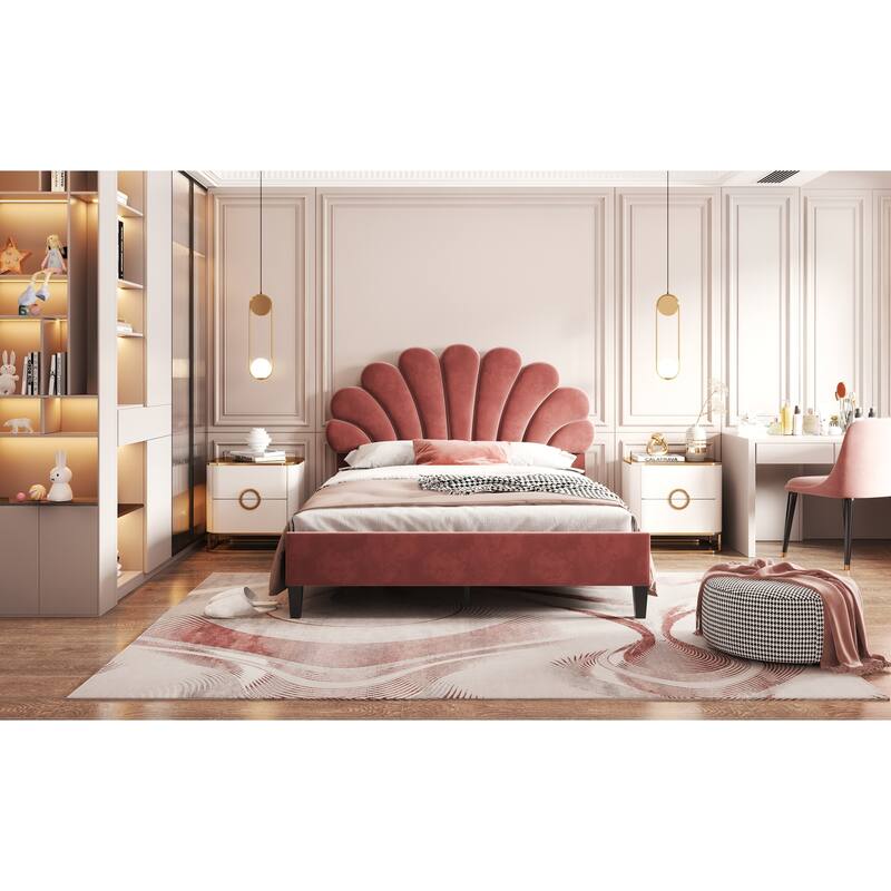 Red Full Velvet Upholstered Bed with Floral Pattern Headboard - No Box Spring Needed