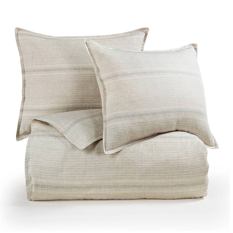 HiEnd Accents 100% French Flax Linen Variegated Stripe Duvet Cover Set, 3PC